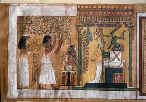 Zesnulý Kha a jeho manželka Merit uctívají Osirise, pána posmrtného života - Papyrus z Knihy mrtvých, z pohřební komory architekta Kha od Egyptian 18th Dynasty