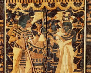Horní panel z truhly, z hrobky Tutanchamona, Nová říše (dřevo, bronz, slonovina a barevná glazura) od Egyptian 18th Dynasty