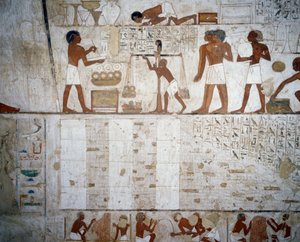 Vážení zlata a stříbra, detaily z fresek v Tomb of Rekhmire, Sheikh Abd el Qurnah Necropolis, Luxor, Théby (Seznam světového dědictví UNESCO od Egyptian 18th Dynasty