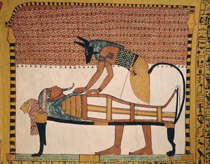 Anubis navštěvuje Sennedjems Mummy z hrobky Sennedjem, The Workers Village, New Kingdom (nástěnná malba) (viz také 67892)