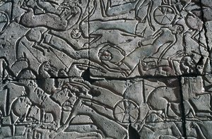 Basreliéf s bitevní scénou, Ramesseum, mortuární chrám Ramesse II, Luxor, Théby (památka UNESCO) od Egyptian 19th Dynasty