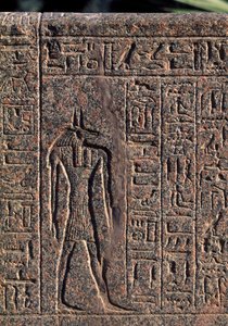 Vyobrazení Anubise, detail nápisu a reliéfu Anubise a jiného boha, Amenhotepův sarkofág, Memfis (Seznam světového dědictví UNESCO) od Egyptian 19th Dynasty