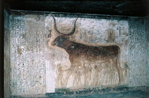 Egypt, Luxor, Údolí králů, hrobka Setiho I., vnitřní fresky zobrazující bohyni Nut jako krávu od Egyptian 19th Dynasty