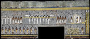 Egypt, Théby, Luxor, Údolí králů, hrobka Ramsese I., nástěnná malba Ra ve sluneční kůře v pohřební komoře z 19. dynastie od Egyptian 19th Dynasty