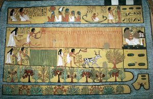 Egypt, Théby, vesnice státních dělníků v Dayr al-Madinah (Deir el-Medina), hrobka Sennedjem, freska zobrazující zemědělské scény na polích Ialu, Nová říše, dynastie XIX od Egyptian 19th Dynasty