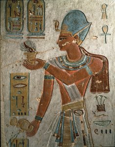 Egyptský starověk: Faraon Ramses I. (1320-1310 př. n. l.) představuje pálení kadidla a nalévání vody při obřadu. Svazek Ramses I, Údolí králů, Egypt od Egyptian 19th Dynasty