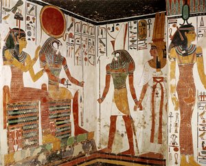 Nefertari je přiveden před boha Re-Horakhtyho Horem z hrobky Nefertari, Nová říše (nástěnná malba)