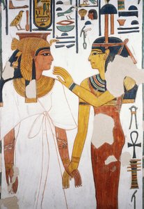 Nefertari se setkává s bohyní Isis, freska, severní fasáda čtvrtého pilíře, pohřební komora, Hrobka Nefertari (QV66), Údolí královen, Théby (Seznam světového dědictví UNESCO od Egyptian 19th Dynasty