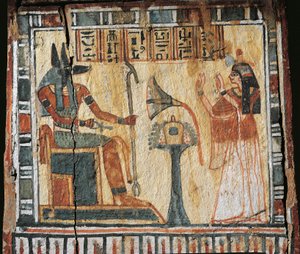 Malovaná dřevěná krabička s vyobrazením zesnulého a boha Anubiho, pro šabtis Tamutnofretu od Egyptian 19th Dynasty