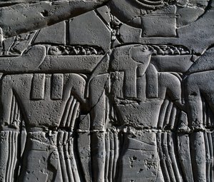 Kněz s maskou jestřába, detail ze scény zobrazující Ramsese II. před posvátnou lodí, reliéf, vnitřní stěny Velké hypostylové síně, chrámový komplex v Karnaku (Seznam světového dědictví UNESCO) od Egyptian 19th Dynasty