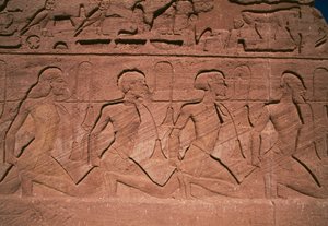 Zajatci severu, basreliéf na podstavci obrů Velkého chrámu Ramsese II., Abú Simbel (Seznam světového dědictví UNESCO) od Egyptian 19th Dynasty