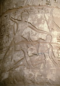 Ramses drží své asijské nepřátele za vlasy, zatímco se je chystá zabít, reliéf, Chrám Setiho I., Kanais, Egypt, Egyptská civilizace, Nová říše, Dynastie XIX (foto) od Egyptian 19th Dynasty