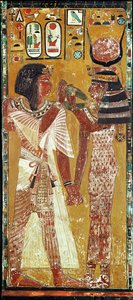 Reliéf zobrazující bohyni Hathor, jak nasazuje magický obojek Setimu I. (asi 1394-1279 př. n. l.) Nová říše (malovaný vápenec)
