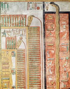 Reliéf zobrazující cestu, kterou musí mrtví přejít do posmrtného života, z hrobky Setiho I. (asi 1294-1279 př. n. l.) Nová říše (malovaný vápenec)