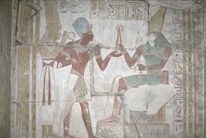 Reliéf Isis, představující Sethos I (1303-1290 př. n. l.) Horovi v Nové říši (nástěnná malba)