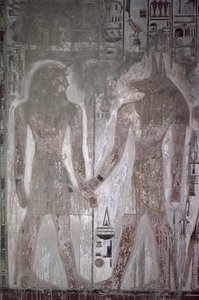 Seti I (1303-1290 př.nl) a Anubis v hrobce Seti, Nová říše (nástěnná malba)