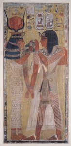 Bohyně Hathor umístila magický obojek na Setiho I. (asi 1394-1279 př. n. l.), pořízený z hrobky Setiho I. v Údolí králů, Nová říše (malovaný vápencový reliéf) od Egyptian 19th Dynasty