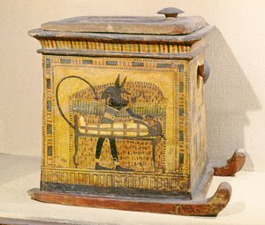 Anubis Mummifying the Deceased, z rakve věnované Nefertari, Nová říše (dřevo)