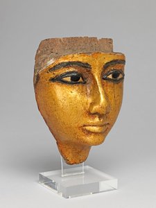 Obličej z rakve, s vykládanýma očima a obočím, zlacený od Egyptian 20th Dynasty