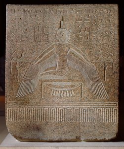 Isis Pterophor, ze sarkofágu Ramesse III (asi 11854-1153 př.nl) z jeho hrobky v Údolí králů, Nová říše (růžová žula)