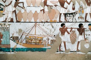 Nástěnná malba zobrazující scénu přepravy vína na lodi z Nové říše