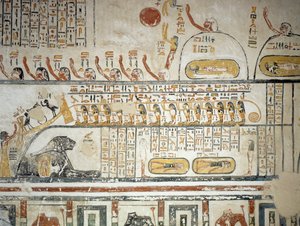 Procesí po nebeské navigaci boha Slunce Ra, Kniha Země, detail z fresek pohřební komory Hrobky Ramesse VI., Údolí králů, Luxor, Théby (Seznam světového dědictví UNESCO od Egyptian 20th Dynasty