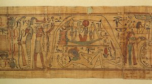 Kniha mytologických obrazů Nespakachuty, oddělení nebe a země se sluneční lodí od Egyptian 21st Dynasty