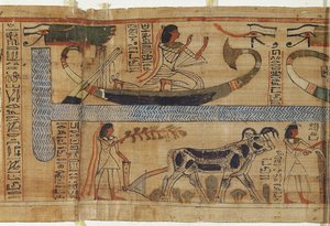 Detail z Knihy mrtvých kněze Aha-Mer zobrazující barque a farmářskou scénu, třetí přechodné období (papyrus)