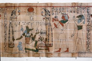 Egyptské starožitnosti: psychostasie (vážení duší). papyrus Knihy mrtvých. Papyrus 21. dynastie