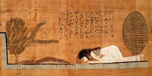 Pohřební papyrus zobrazující zesnulého ležícího před krokodýlem (papyrus)