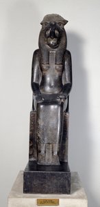 Egyptský starověk: božstvo lvice Sekhmet s nábojnicí krále Sheshonqa I. Socha z černé žuly. 950-929 před naším letopočtem. Turín, egyptské muzeum