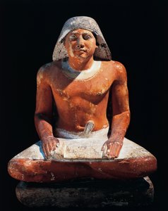 Starověký Egypt: socha sedícího písaře z nekropole v Sakkáře, 5. dynastie, starověká říše (vápenec)