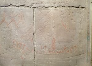 Reliéf zobrazující cestu lodí z Mastaby z Akhethotepu, Stará říše, cca 2400 př. n. l. (malovaný vápenec)