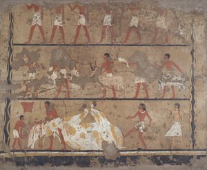 Scény chovu dobytka, porážky, nositelů obětin a obětí, Hrobka Iti a Neferu (nástěnná malba) od Egyptian 6th Dynasty