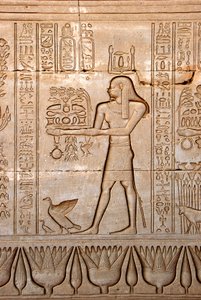 Egyptský starověk: zobrazení muže přinášejícího obětiny bohyni, chrám Hathor, Denderah, Egypt - egyptská civilizace: muž nesoucí obětiny bohyni Hathor, vytesaný na stěně chrámu Hathor (nebo chrámu Tentyra) v Denderah od Egyptian Ptolemaic Period