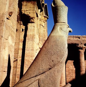 Socha Hora, na dvoře obětin v chrámu Horus