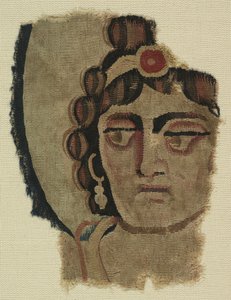 Fragment ženské hlavy, koptština (textil)