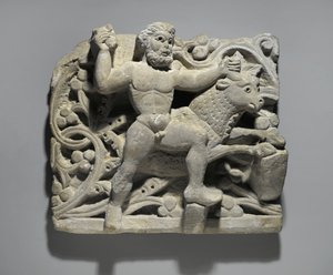 Heracles kovář Acheloos v podobě býka, z Oxyrhynchus, cca 300-500 (vápenec)