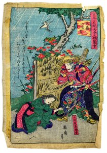 Vojenský velitel Doukan Mochisuke Oota v japonské květinové vesnici Kerria, asi 1875 (kolorovaný dřevoryt na japonském papíře) od Eiichi Seisai
