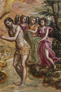Přenosný oltář: detail pravého panelu dveří znázorňujícího křest Krista (tempera grassa na panelu) od El Greco
