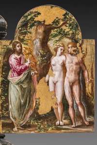 Zadní strana přenosného oltáře: Adam a Eva čelem k Věčnému Otci, detail 2384587 (tempera grassa na panelu) od El Greco