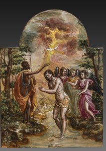 Přenosný oltář: pravý panel dveří zobrazující křest Krista, detail 2384586 (tempera grassa na panelu) od El Greco