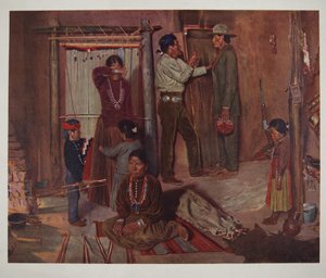 Lähtö kotoa Carlislen intiaanikouluun (chromolitho)