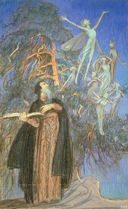 Prospero a Ariel, studie ztraceného obrazu zadaná pro Broadcasting House, Londýn, kolem roku 1931 (pastel na papíře) od Eleanor Fortescue-Brickdale