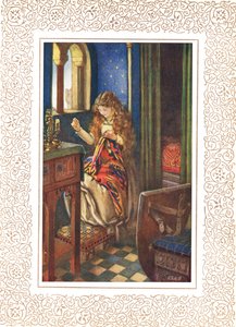 Lily Maid of Astolat, jinak známá jako Lady of Shalott, ilustrace z „Idyly krále“ od Alfreda Tennysona (1809-92), vydané nakladatelstvím Hodder & Stoughton