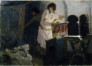 Princ Boris před jeho zavražděním (Prince Boris before his Assassination). Boris je zastoupen se svým komorníkem, jak se modlí ve svém stanu, než ho v letech 1015-1019 přišli ubodat nohsledi jeho nevlastního bratra Sviatopolka prokletého (980-1019). ostrov od Elena Polenova