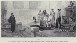 Starověký řecký umělec Zeuxis vybírá z nejkrásnějších žen města Crotone předlohu pro svůj obraz Heleny Trojské (rytina)