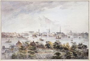 Pohled na Stockholm z Kungsholmenu s královským palácem a Storkyrkan, Tyskakyrkan, Katarinakyrka a Riddarholmskyrkan,