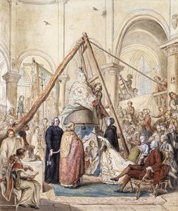 Požehnání zvonu vesnického kostela v Ormessonu markýzou d"Ormesson za účasti jejího manžela a vesničanů,