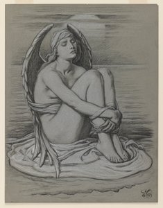 Vázaný anděl, 1891 (černobílá křída nebo pastelka na tkaném papíře) od Elihu Vedder